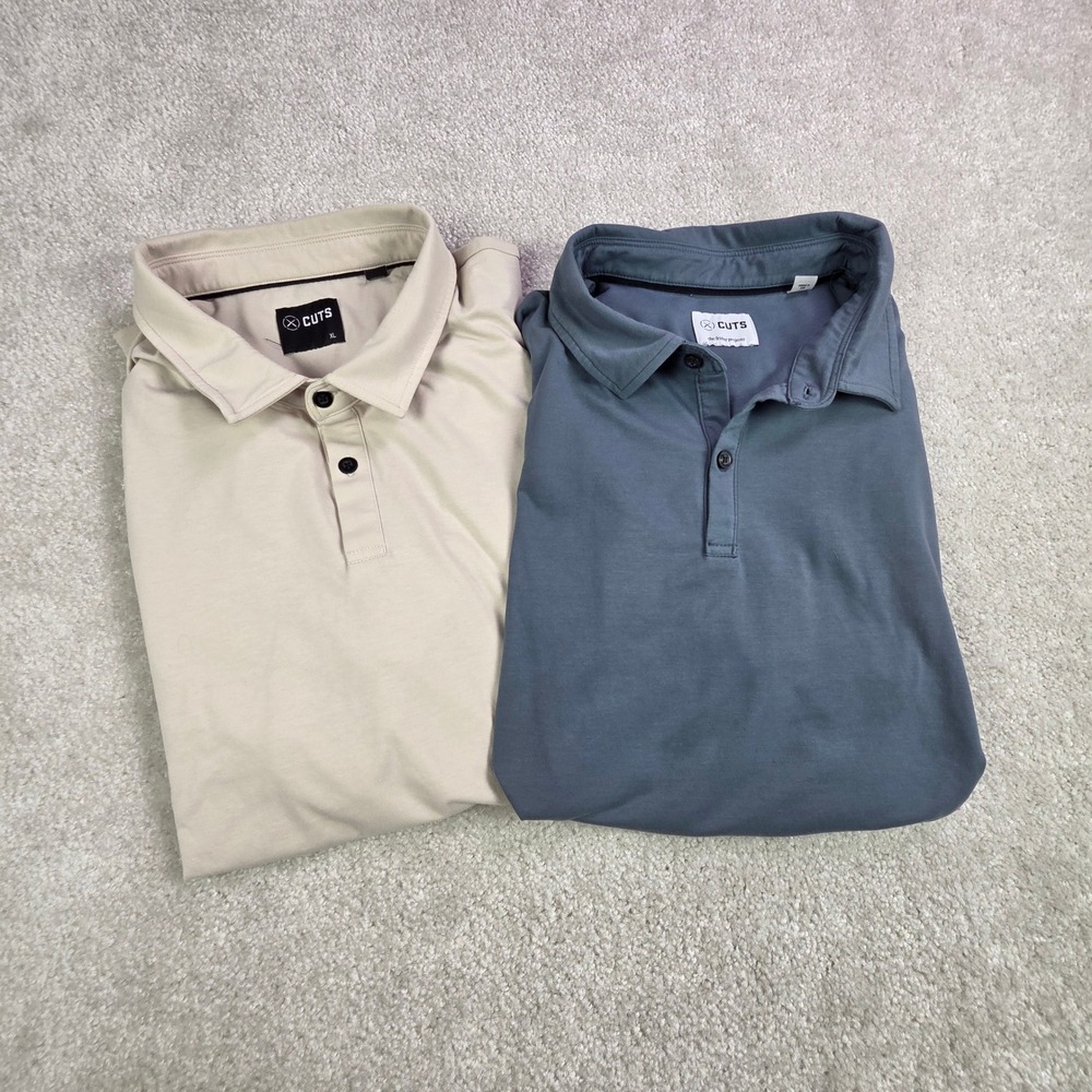 Cuts Men's Round Hem Polo Lot (2) Size Large Tan Blue‎ Soft Stretch